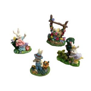 Vtg Easter Bunny Village Figurines Gardener Well Topiary Sewing Resin Set of 4